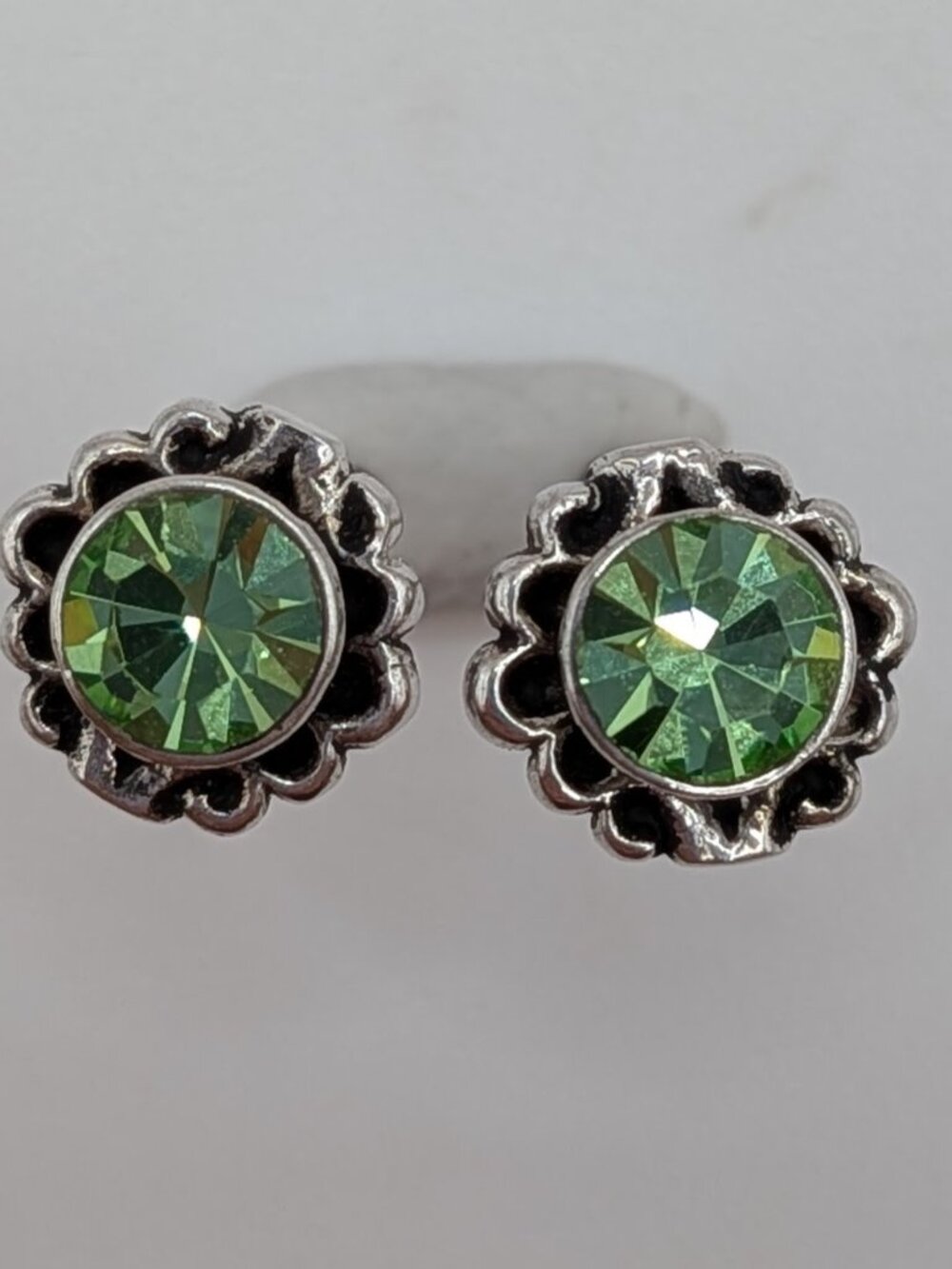 Rhinestone Green Flower Stud Earrings Sterling Silver 1.2grams